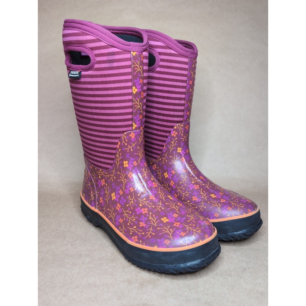 Bogs Youth 5 Winter Boots Pink Orange Stripes Flowers Waterproof Snow Pull On